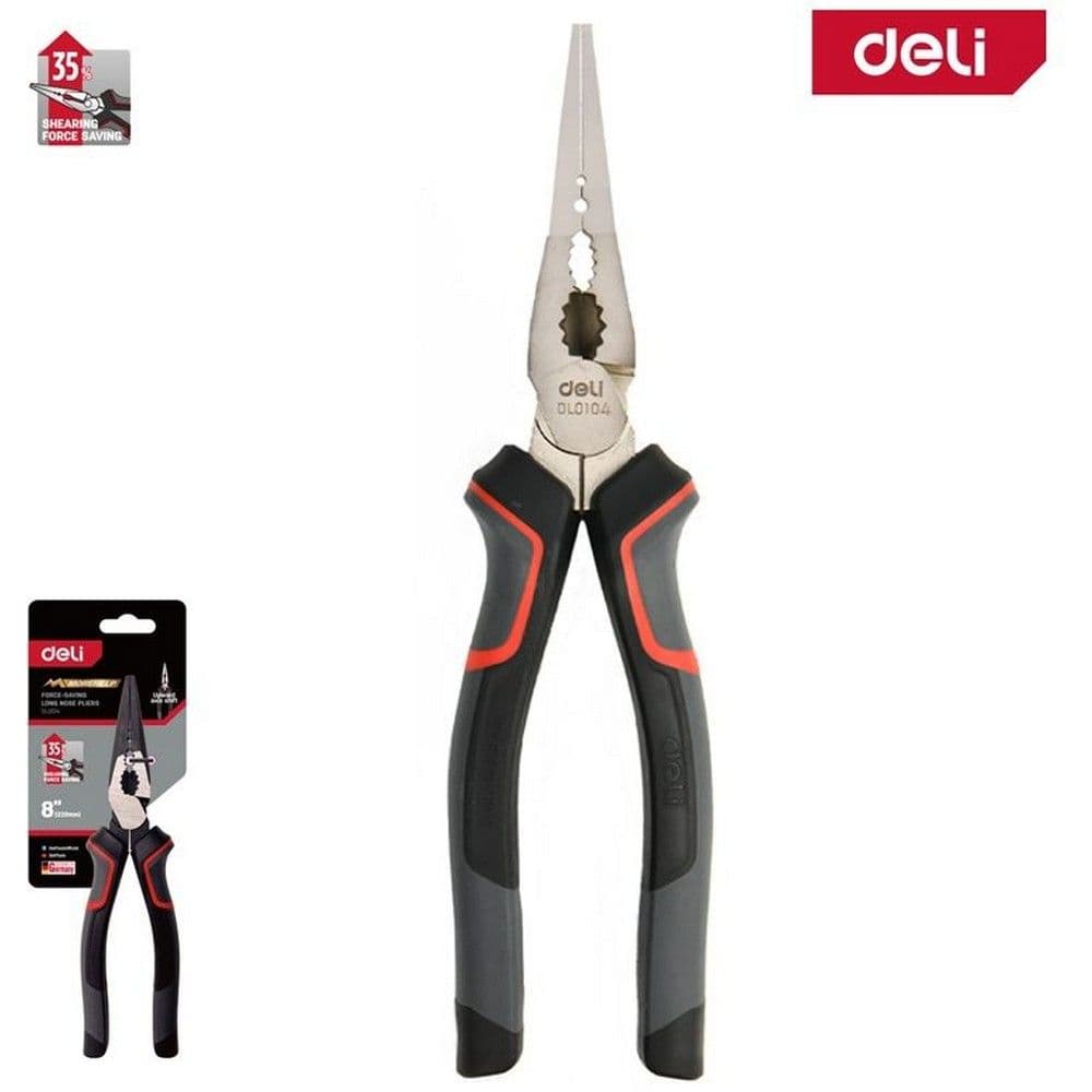 Удлиненные плоскогубцы Deli DL0104 200мм, Cr-V, эксцентриковый шарнир, антикоррозийное покрытие, трехкомпонентная прорезиненная рукоять
