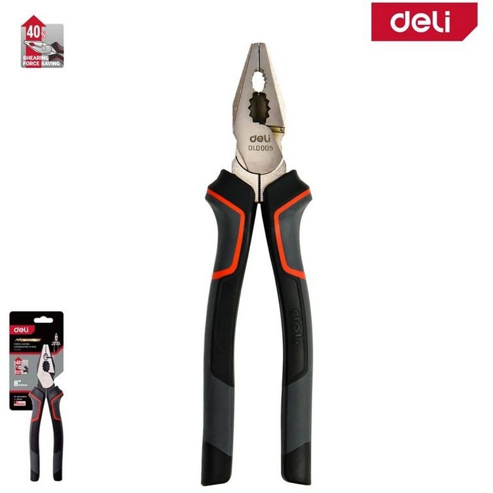 Комбинированные плоскогубцы Deli DL0005 200мм, Cr-V, эксцентриковый шарнир, антикоррозийное покрытие, трехкомпонентная прорезиненная рукоять