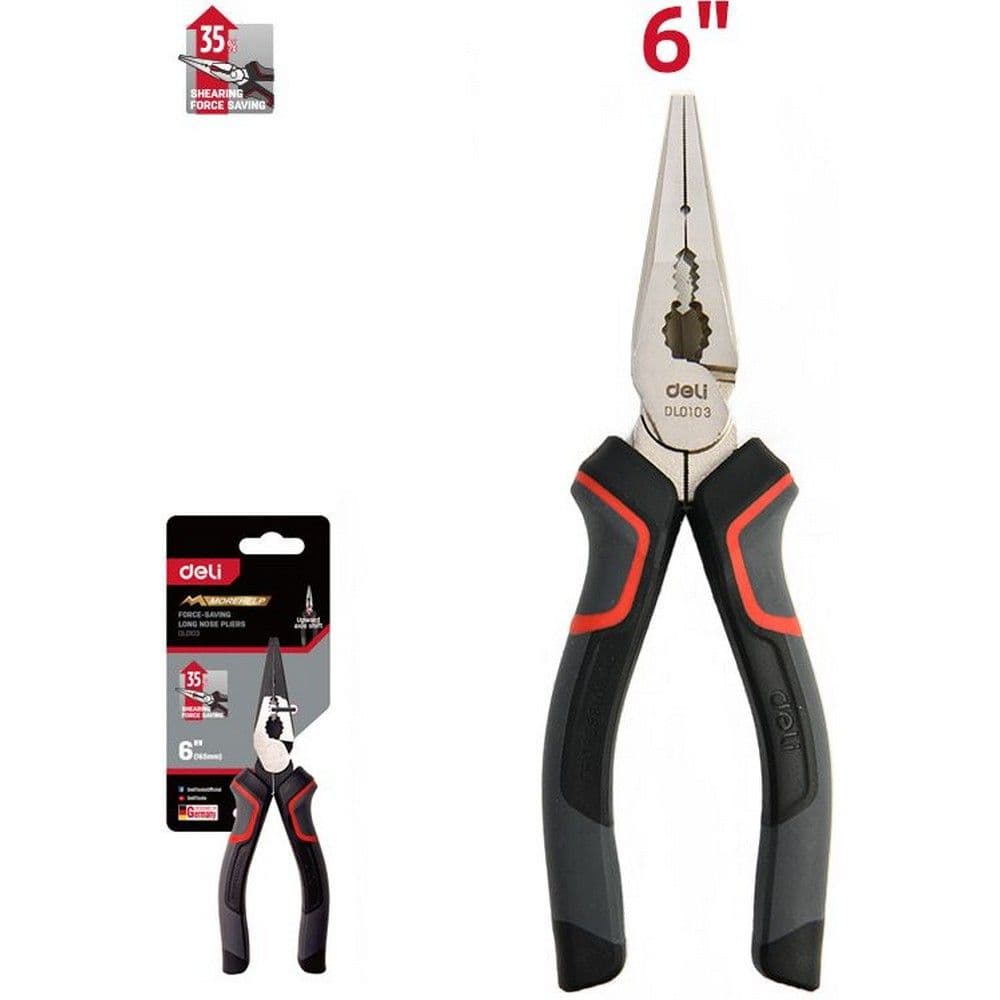 Удлиненные плоскогубцы Deli DL0103 160мм, Cr-V, эксцентриковый шарнир, антикоррозийное покрытие, трехкомпонентная прорезиненная рукоять