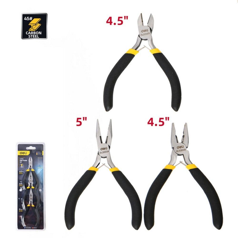 Набор мини-плоскогубцев Deli DL103205-3  (комбинированные плоскогубцы 115мм, удлиненные плоскогубцы 125мм, диагональные бокорезы 110мм, прорезиненная ручка)