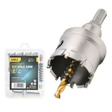 Коронка по металлу твердосплавная с центрирующим сверлом Deli DH-TCT042-E1 диаметр 42мм, шестигранный хвостовик