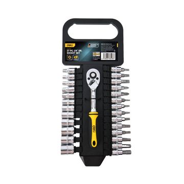 Набор торцевых головок и бит с трещоткой 27 предметов Deli DL0027T  1/4" (12 торцевых головок 4-14 мм, 14 головок-бит SL4,SL5.5,SL7;PH1,PH2;T10,T15,T20,T25,T30;H4,H5,H6,H7, трещотка 45 зубьев, сталь 5