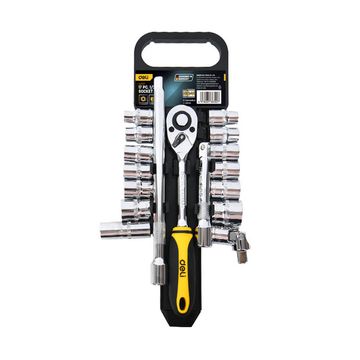 Набор торцевых головок и удлинителей с трещоткой 17 предметов Deli DL2017T  1/2" (13 торцевых головок 10-24 мм, трещотка 45 зубьев, сталь 50BV30)